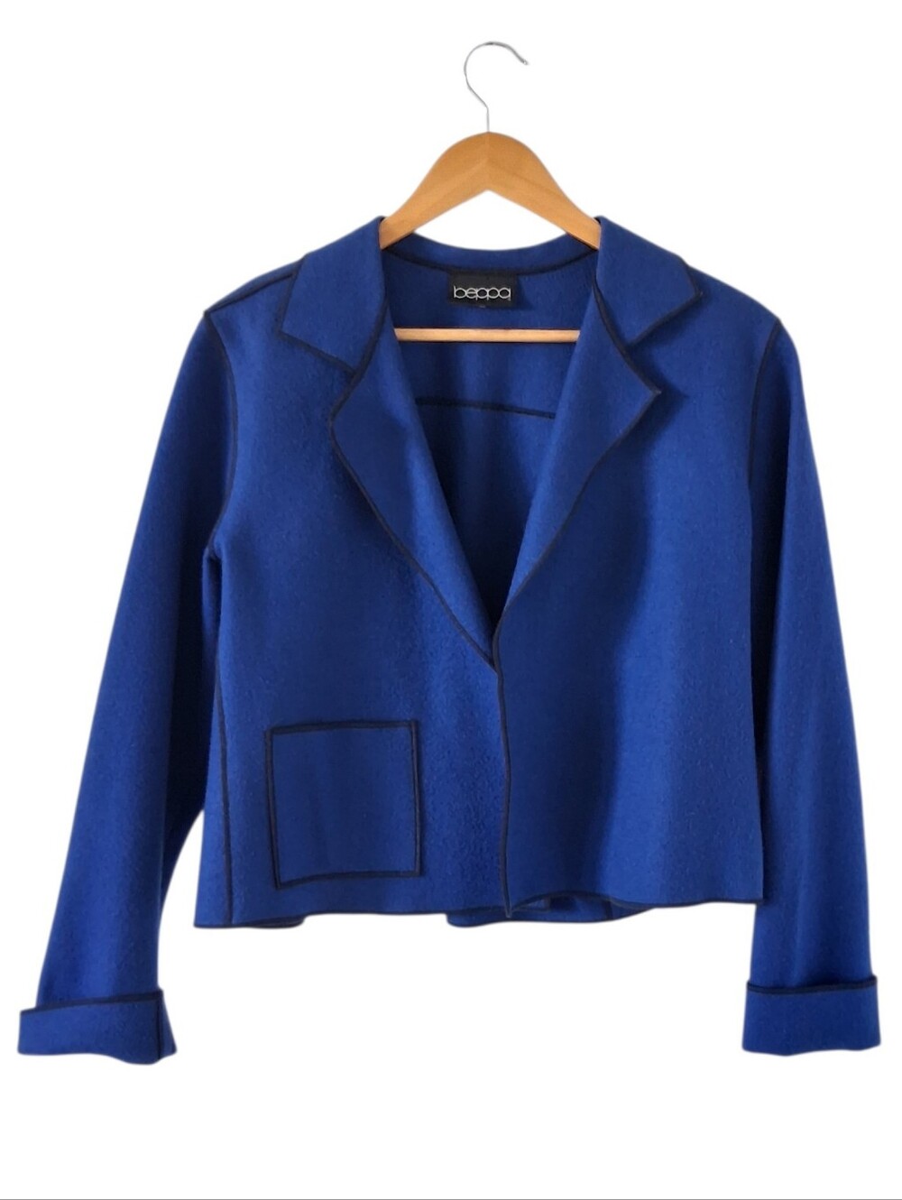 Beppa Wool Jacket Size Small Blue Black Trim Crop Open Front USA Vintage